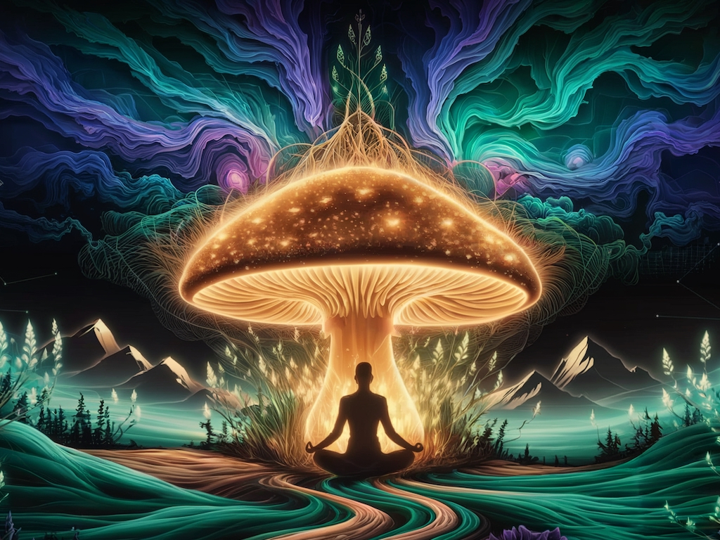 An art piece with a glowing golden mushroom in the center. The mushroom emits a warm golden light that illuminates the surrounding area. The background contains a dreamlike forest floor with flowing streaks of deep emerald green and turquoise. Luminescent plants with faint golden glimmers grow from the forest floor. The upper half of the composition contains swirling, fluid gradients of deep blues, purples, and greens, reminiscent of the aurora borealis. Faint silhouettes of mountain peaks rise from the base. The piece also contains geometric accents, fractals, and a winding path. A silhouetted figure sits cross-legged in front of the glowing mushroom, meditating.