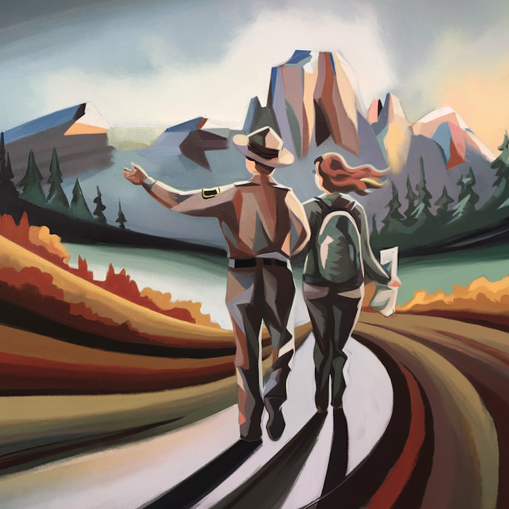 A flowing, abstract painting of two people walking side by side along a trail in a serene fall landscape. The first person, a park ranger in uniform, is gesturing toward Long's Peak in Colorado, which stands prominently in the distant background. The second person, a woman with flowing hair, holds a map and wears a backpack, walking alongside him. Their interaction conveys a sense of shared exploration and guidance. The scene is set in early daylight, with soft, luminous hints of morning light breaking through the darkness of night. The autumn forest surrounding the trail is abstracted into broad, flowing bands of burnt orange, deep red, and mossy brown. The cool tones of forest green and charcoal gray provide contrast in the background, blending with the soft glow of the sky. The composition uses Morris Louis's signature stain painting technique, with colors bleeding seamlessly into one another to create a dynamic yet tranquil effect. The figures are minimalistic silhouettes