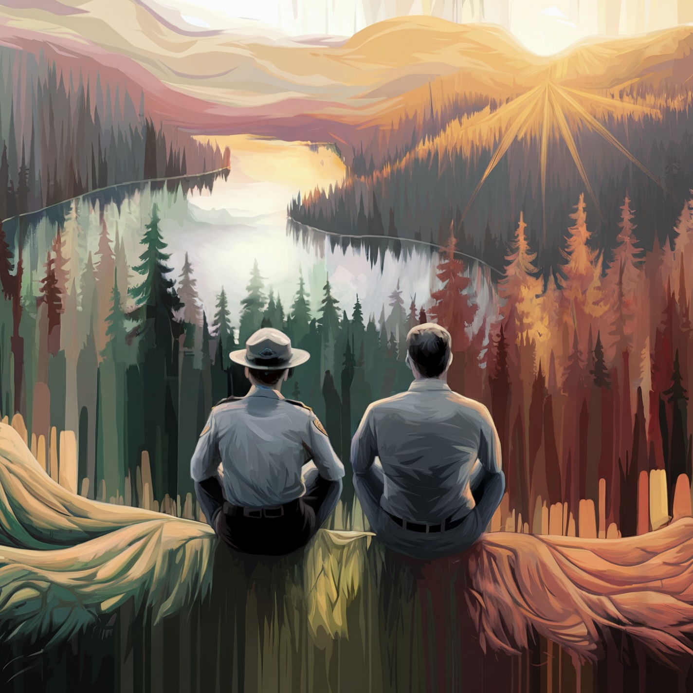 A flowing, abstract painting of two people sitting near each other on a mountaintop, with their backs facing the viewer, gazing out over a vast pine forest below. One figure is a park ranger in uniform, and the other is a man, both seated side by side in a moment of peaceful reflection. There is a space between them so they are separate but together. The early morning light and the warm glow of sunrise illuminate the forest and a tranquil lake nestled within it, casting soft, radiant hues across the landscape. The pine forest below should be rendered in abstracted vertical bands of forest green